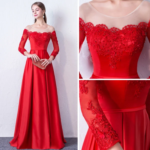Elegant Red Evening Dresses 2017 A-Line / Princess Scoop Neck Long Sleeve Appliques Lace Beading Sash Floor-Length / Long Backless Pierced Formal Dresses
