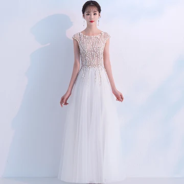 Illusion Champagne Evening Dresses 2018 A Line Princess Scoop Neck Sleeveless Appliques Lace Floor Length Long Ruffle Formal Dresses