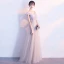 Illusion Grey Evening Dresses  2018 A-Line / Princess V-Neck Cap Sleeves Appliques Lace Rhinestone Floor-Length / Long Ruffle Backless Formal Dresses