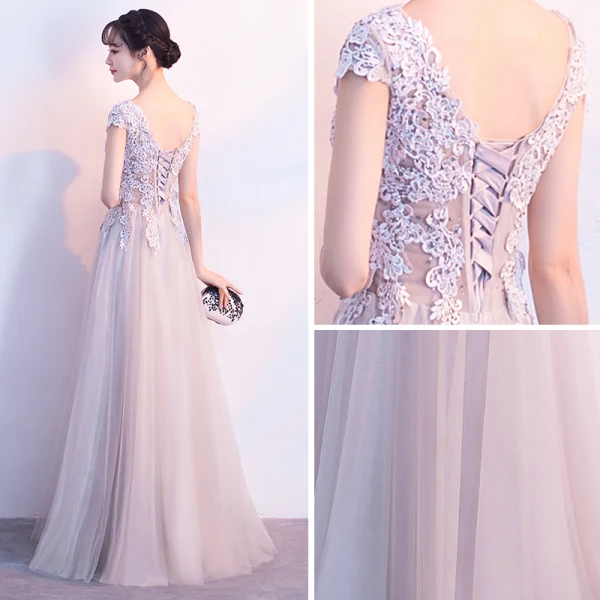 Illusion Grey Evening Dresses 2018 A-Line / Princess V-Neck Cap Sleeves Appliques Lace Rhinestone Floor-Length / Long Ruffle Backless Formal Dresses