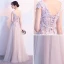 Illusion Grey Evening Dresses  2018 A-Line / Princess V-Neck Cap Sleeves Appliques Lace Rhinestone Floor-Length / Long Ruffle Backless Formal Dresses
