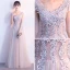 Illusion Grey Evening Dresses  2018 A-Line / Princess V-Neck Cap Sleeves Appliques Lace Rhinestone Floor-Length / Long Ruffle Backless Formal Dresses