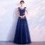 Chic / Beautiful Navy Blue Evening Dresses  2018 A-Line / Princess Scoop Neck Sleeveless Appliques Lace Pearl Beading Floor-Length / Long Ruffle Backless Formal Dresses