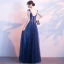 Chic / Beautiful Navy Blue Evening Dresses  2018 A-Line / Princess Scoop Neck Sleeveless Appliques Lace Pearl Beading Floor-Length / Long Ruffle Backless Formal Dresses
