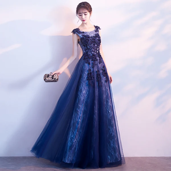 Chic / Beautiful Navy Blue Evening Dresses  2018 A-Line / Princess Scoop Neck Sleeveless Appliques Lace Pearl Beading Floor-Length / Long Ruffle Backless Formal Dresses