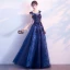 Chic / Beautiful Navy Blue Evening Dresses  2018 A-Line / Princess Scoop Neck Sleeveless Appliques Lace Pearl Beading Floor-Length / Long Ruffle Backless Formal Dresses