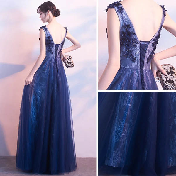 Chic / Beautiful Navy Blue Evening Dresses  2018 A-Line / Princess Scoop Neck Sleeveless Appliques Lace Pearl Beading Floor-Length / Long Ruffle Backless Formal Dresses