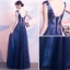 Chic / Beautiful Navy Blue Evening Dresses  2018 A-Line / Princess Scoop Neck Sleeveless Appliques Lace Pearl Beading Floor-Length / Long Ruffle Backless Formal Dresses