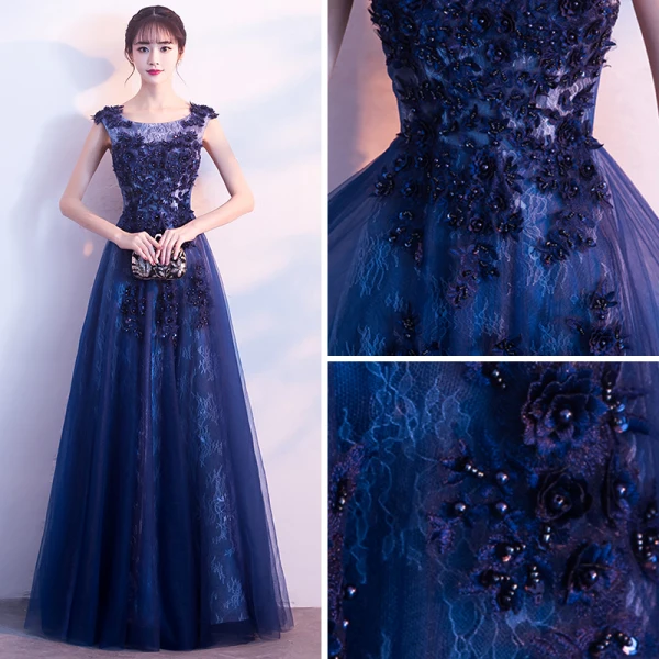 Chic / Beautiful Navy Blue Evening Dresses  2018 A-Line / Princess Scoop Neck Sleeveless Appliques Lace Pearl Beading Floor-Length / Long Ruffle Backless Formal Dresses