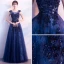 Chic / Beautiful Navy Blue Evening Dresses  2018 A-Line / Princess Scoop Neck Sleeveless Appliques Lace Pearl Beading Floor-Length / Long Ruffle Backless Formal Dresses