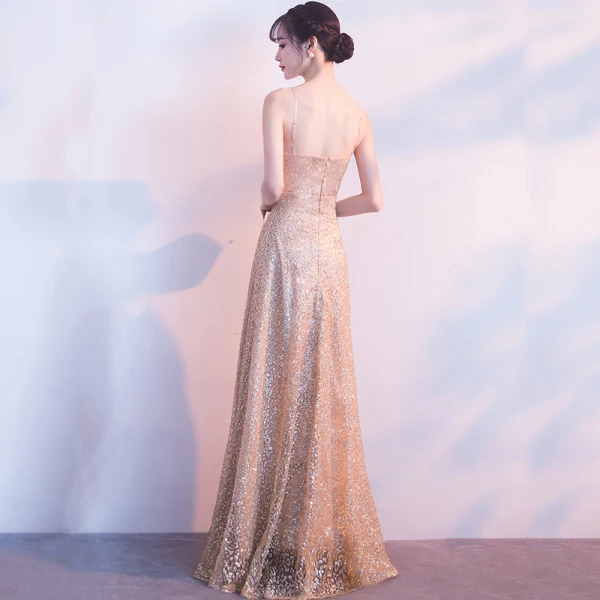 Sexy Doré Robe De Soirée 2018 Empire Bretelles Spaghetti Sans Manches Glitter Tulle Longue Volants Dos Nu Robe De Ceremonie