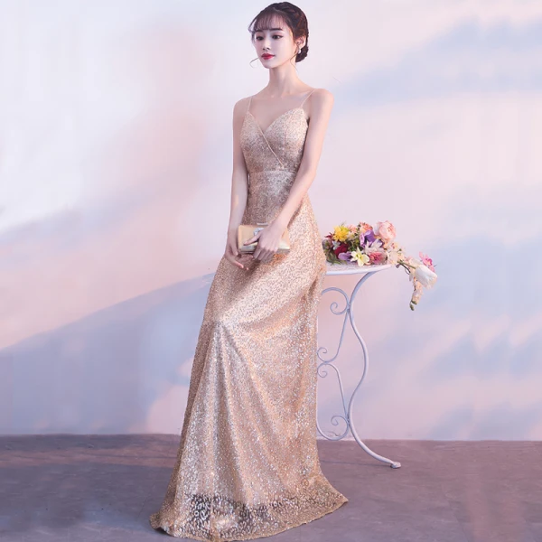 Sexy Doré Robe De Soirée 2018 Empire Bretelles Spaghetti Sans Manches Glitter Tulle Longue Volants Dos Nu Robe De Ceremonie