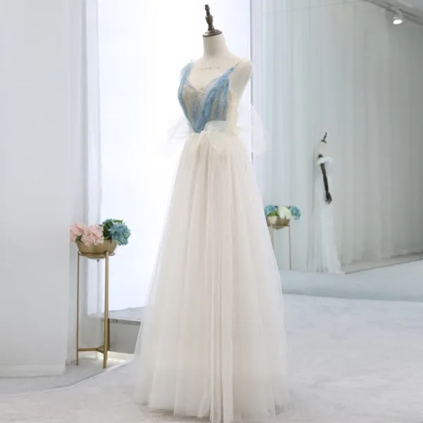 Sexy Beige Evening Dresses  2018 Empire Spaghetti Straps V-Neck Sleeveless Beading Sash Floor-Length / Long Ruffle Backless Formal Dresses