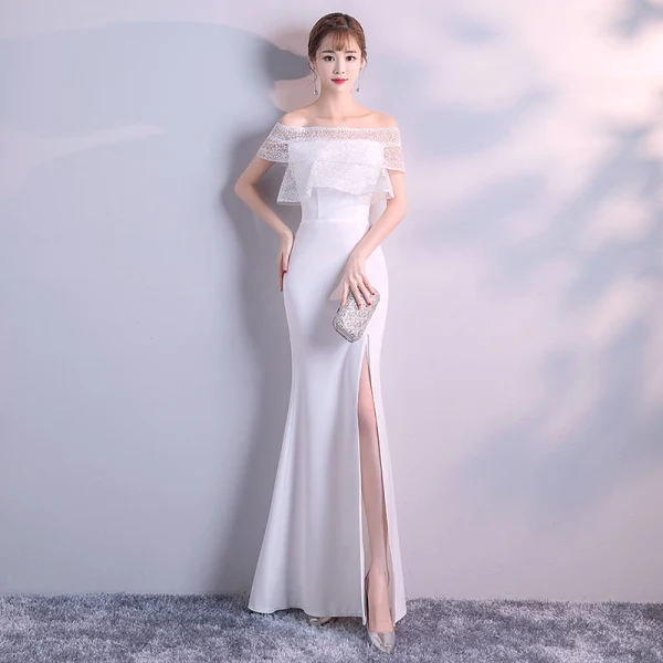 Schlicht Ivory / Creme Abendkleider 2018 Meerjungfrau Off Shoulder Kurze Ärmel Gespaltete Front Lange Rüschen Rückenfreies Festliche Kleider