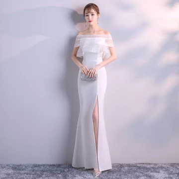 Simple Ivoire Robe De Soirée 2018 Trompette Sirène De L Épaule Manches Courtes Fendue Devant Longue Volants Dos Nu Robe De Ceremonie