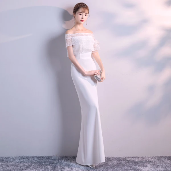 Schlicht Ivory / Creme Abendkleider 2018 Meerjungfrau Off Shoulder Kurze Ärmel Gespaltete Front Lange Rüschen Rückenfreies Festliche Kleider