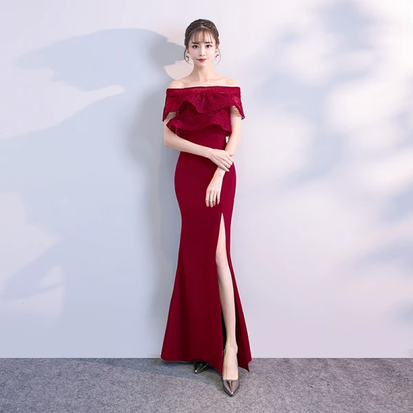 Schlicht Ivory / Creme Abendkleider 2018 Meerjungfrau Off Shoulder Kurze Ärmel Gespaltete Front Lange Rüschen Rückenfreies Festliche Kleider