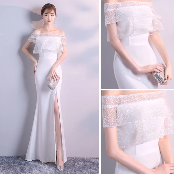Schlicht Ivory / Creme Abendkleider 2018 Meerjungfrau Off Shoulder Kurze Ärmel Gespaltete Front Lange Rüschen Rückenfreies Festliche Kleider