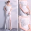 Schlicht Ivory / Creme Abendkleider 2018 Meerjungfrau Off Shoulder Kurze Ärmel Gespaltete Front Lange Rüschen Rückenfreies Festliche Kleider