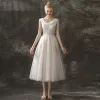 Modern / Fashion Champagne Prom Dresses 2018 A-Line / Princess Scoop Neck Sleeveless Embroidered Spotted Tulle Tea-length Ruffle Backless Formal Dresses