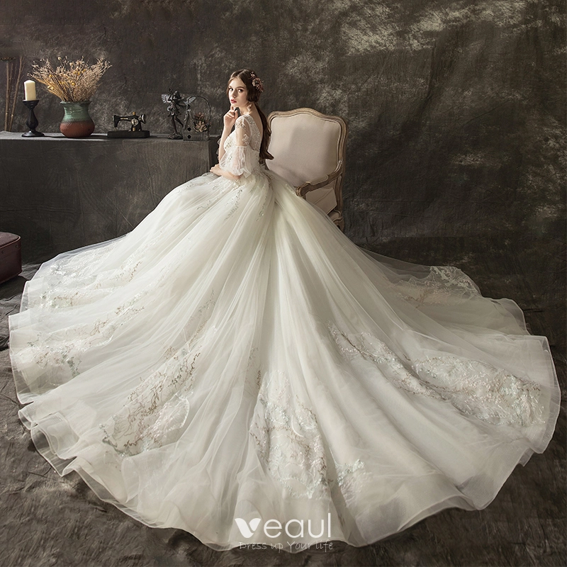 Vintage Retro Ivory Pierced Wedding Dresses 2018 A Line Princess Scoop Neck Puffy 1 2 Sleeves Appliques Lace Beading Chapel Train Ruffle