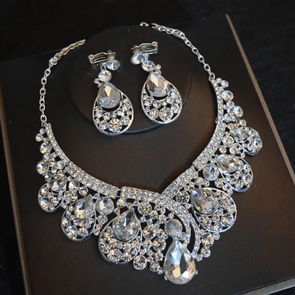 Charming Silver Rhinestone Crystal Body Jewellery Headpieces Necklace 3-piece 2022 Alloy Wedding Bridal Hair Accessories Tiara
