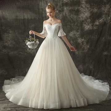 Chic Beautiful Champagne Wedding Dresses 2018 Ball Gown Off The Shoulder 1 2 Sleeves Backless Appliques Lace Glitter Sequins Cathedral Train Ruffle