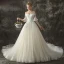 Schöne Champagner Brautkleider / Hochzeitskleider 2018 Ballkleid Off Shoulder 1/2 Ärmel Rückenfreies Applikationen Spitze Glanz Pailletten Kathedrale Schleppe Rüschen