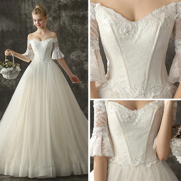 Schöne Champagner Brautkleider / Hochzeitskleider 2018 Ballkleid Off Shoulder 1/2 Ärmel Rückenfreies Applikationen Spitze Glanz Pailletten Kathedrale Schleppe Rüschen