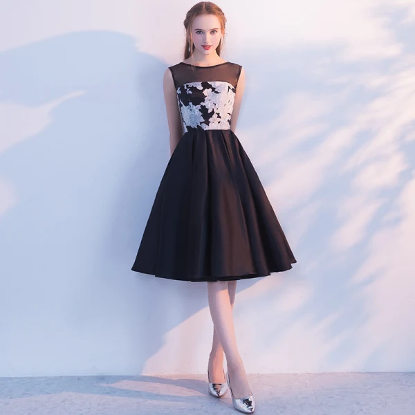 Modest / Simple Black White Homecoming Graduation Dresses 2017 A-Line / Princess Scoop Neck Sleeveless Appliques Lace Knee-Length Backless Formal Dresses