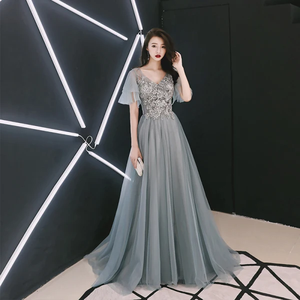 Elegant Grey Evening Dresses 2018 A-Line / Princess V-Neck Short Sleeve Pearl Beading Sweep Train Ruffle Backless Formal Dresses