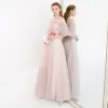 Chic / Beautiful Pearl Pink Evening Dresses  2018 A-Line / Princess See-through Scoop Neck 1/2 Sleeves Appliques Lace Floor-Length / Long Ruffle Backless Formal Dresses