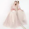 Chic / Beautiful Pearl Pink Evening Dresses  2018 A-Line / Princess See-through Scoop Neck 1/2 Sleeves Appliques Lace Floor-Length / Long Ruffle Backless Formal Dresses