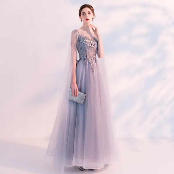 Illusion Grey See-through Evening Dresses  2018 A-Line / Princess Scoop Neck Sleeveless Appliques Lace Beading Watteau Train Ruffle Backless Formal Dresses
