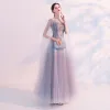 Iluzja Szary Przezroczyste Sukienki Wieczorowe 2018 Princessa Wycięciem Bez Rękawów Aplikacje Z Koronki Frezowanie Trenem Watteau Wzburzyć Bez Pleców Sukienki Wizytowe