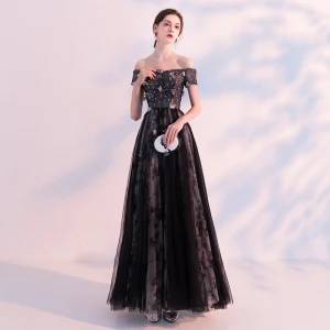 Chic Belle Noire Robe De Soirée 2018 Princesse De L Épaule Manches Courtes Appliques Fleur Perlage Longueur Cheville Volants Dos Nu Robe De Ceremonie