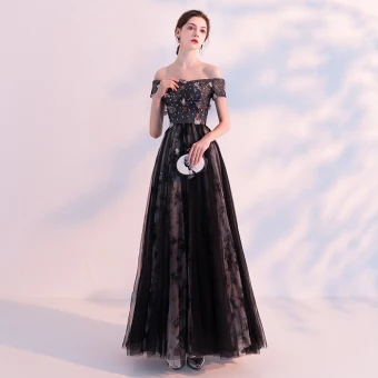 Chic Belle Noire Robe De Soirée 2018 Princesse De L Épaule Manches Courtes Appliques Fleur Perlage Longueur Cheville Volants Dos Nu Robe De Ceremonie