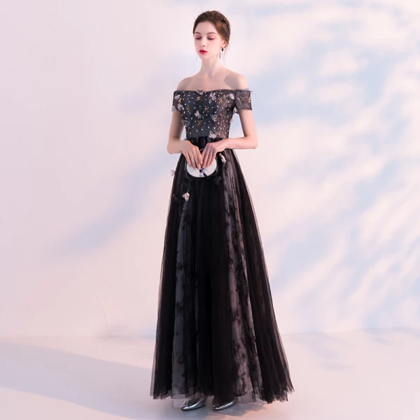Schöne Schwarz Abendkleider 2018 A Linie Off Shoulder Kurze Ärmel Applikationen Blumen Perlenstickerei Knöchellänge Rüschen Rückenfreies Festliche Kleider