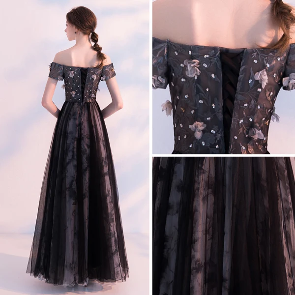 Schöne Schwarz Abendkleider 2018 A Linie Off Shoulder Kurze Ärmel Applikationen Blumen Perlenstickerei Knöchellänge Rüschen Rückenfreies Festliche Kleider