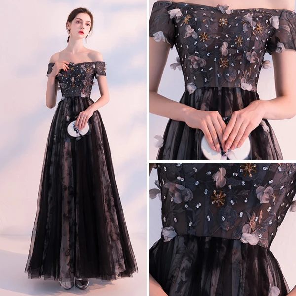 Schöne Schwarz Abendkleider 2018 A Linie Off Shoulder Kurze Ärmel Applikationen Blumen Perlenstickerei Knöchellänge Rüschen Rückenfreies Festliche Kleider