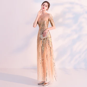 Sparkly Champagne Sequins See Through Evening Dresses 2018 A Line Princess Scoop Neck 1 2 Sleeves Metal Sash Ankle Length Formal Dresses