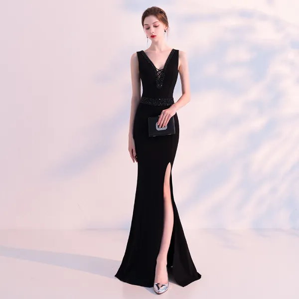 Stunning Black Evening Dresses 2018 Trumpet / Mermaid V-Neck Sleeveless ...