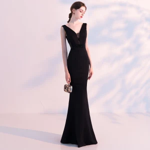 Sexy Noire Robe De Soirée 2018 Trompette Sirène Transparentes V Cou Sans Manches Perlage Longue Dos Nu Robe De Ceremonie