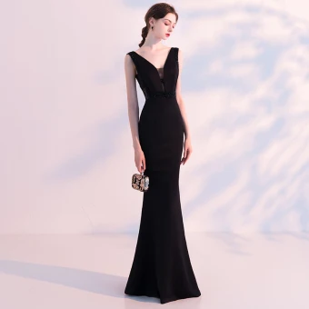 Sexy Noire Robe De Soirée 2018 Trompette Sirène Transparentes V Cou Sans Manches Perlage Longue Dos Nu Robe De Ceremonie