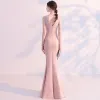 Sexy Perle Rose Robe De Soirée 2018 Trompette / Sirène V-Cou Sans Manches Faux Diamant Fendue devant Longue Dos Nu Robe De Ceremonie