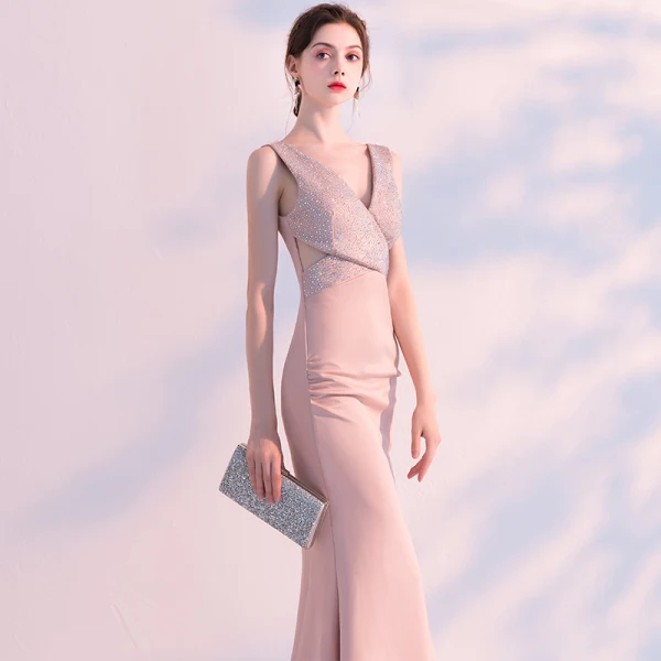 Sexy Pearl Pink Evening Dresses 2018 Trumpet / Mermaid V-Neck Sleeveless Rhinestone Split Front Floor-Length / Long Backless Formal Dresses