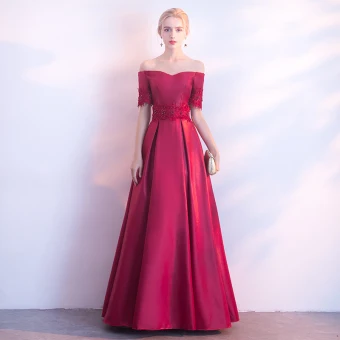 Modest Simple Burgundy Evening Dresses 2017 A Line Princess Off The Shoulder Short Sleeve Appliques Lace Pearl Floor Length Long Backless Formal Dresses