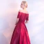 Modest / Simple Burgundy Evening Dresses  2017 A-Line / Princess Off-The-Shoulder Short Sleeve Appliques Lace Pearl Floor-Length / Long Backless Formal Dresses