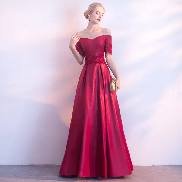 Modest / Simple Burgundy Evening Dresses 2017 A-Line / Princess Off-The-Shoulder Short Sleeve Appliques Lace Pearl Floor-Length / Long Backless Formal Dresses