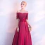 Modest / Simple Burgundy Evening Dresses  2017 A-Line / Princess Off-The-Shoulder Short Sleeve Appliques Lace Pearl Floor-Length / Long Backless Formal Dresses